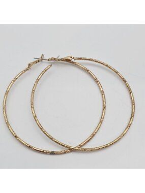 Textured Gold-Tone Metal Hoop Earrings With Lever Back Closure - 3 Inch Diameter
